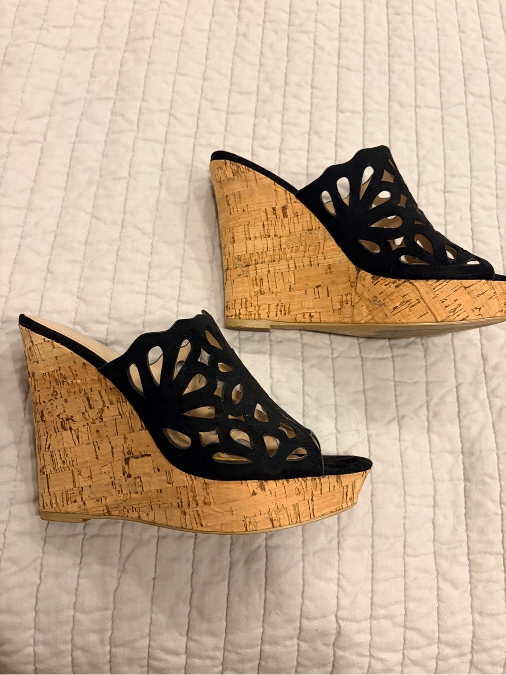 Charles David Black Cutout Cork Wedge Mules 8